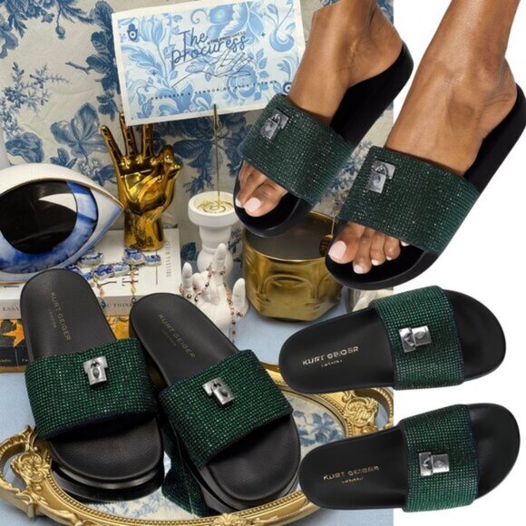 🆕 KURT GEIGER LONDON 🧿 NWOB Brixton Poolslide, Blue Green Crystals - Sz 37 US7 - Picture 1 of 15
